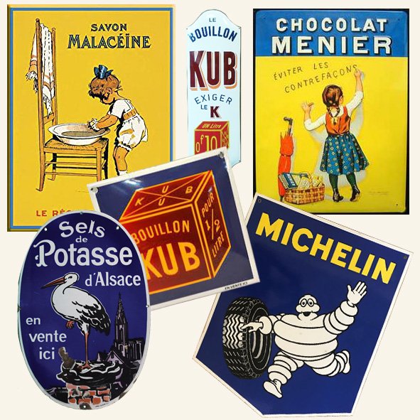 Vitrine d’enseignes et plaques émaillées vintage